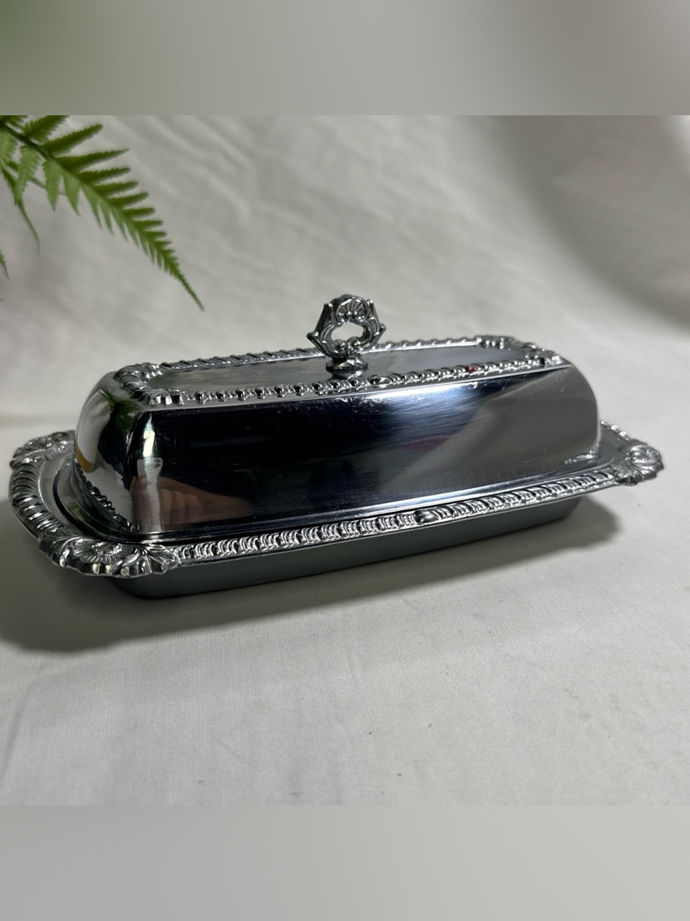 Vintage Silver Plate Butter Dish with Decorative Lid/ Glass Insert 7” Inch